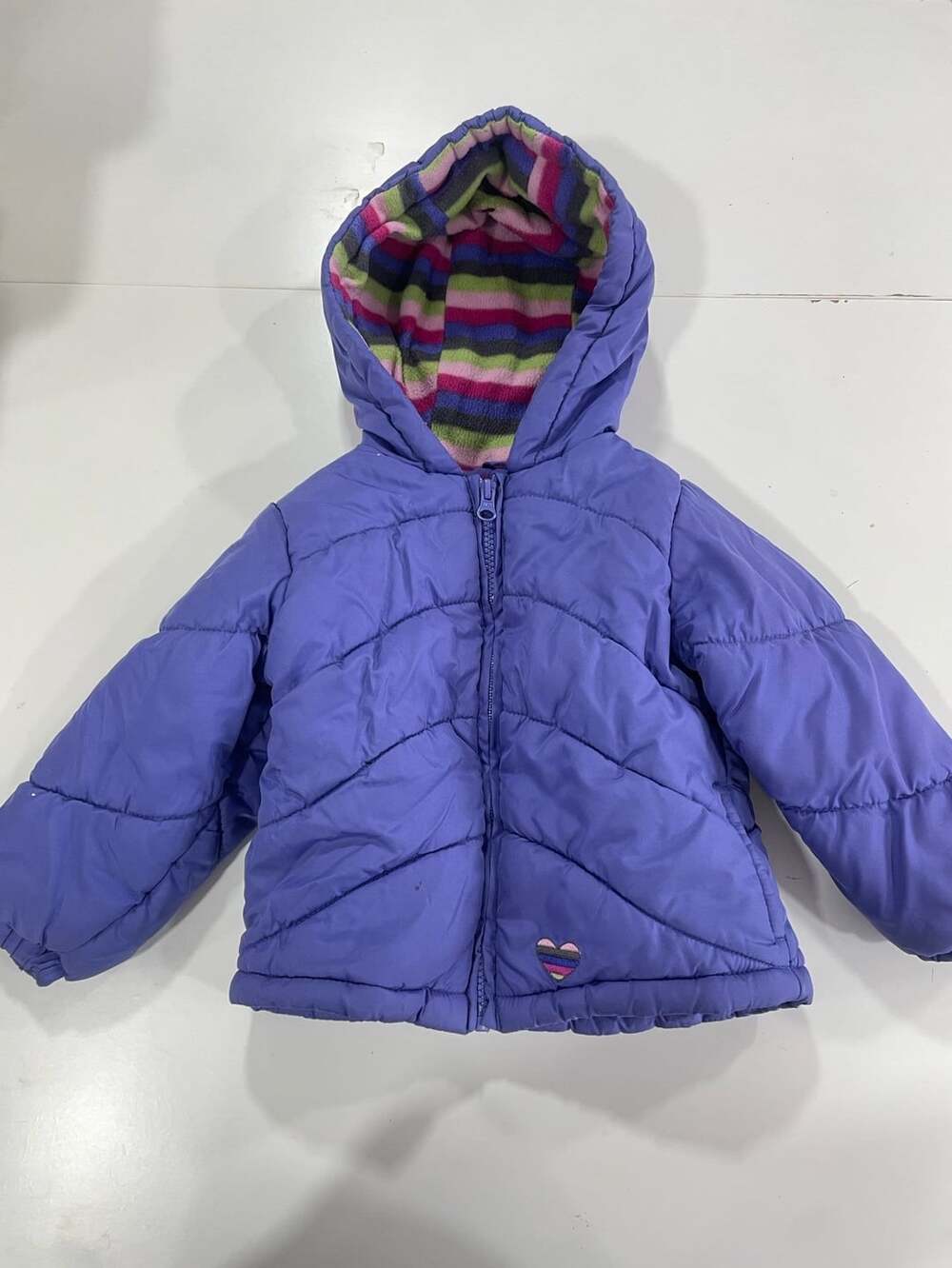 London Fog Winter Puffer Jacket Size 2T Purple Striped Fleece Hood